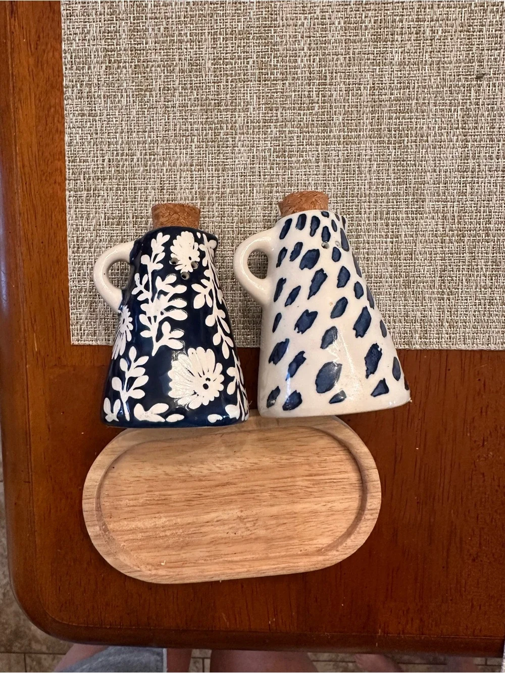 Mud Pie Blue and White Ceramic Salt and Pepper Shakers on Wood Tray